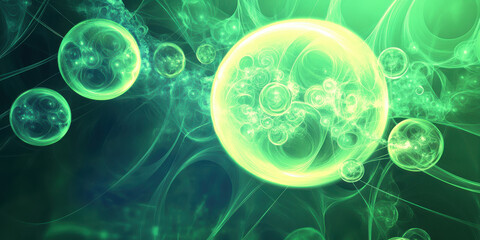 abstract green bubbles floating on luminous green bokeh background with shiny reflections and soft light effects