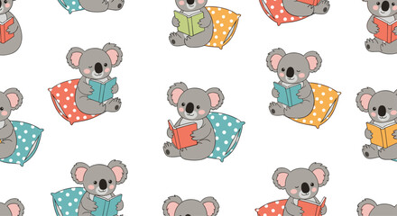 Seamless pattern of cute cartoon koalas reading books while sitting on colorful pillows perfect for children's designs.
