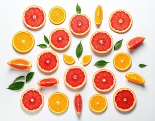 Naklejka premium Sliced citrus fruit arranged on white background with leaves