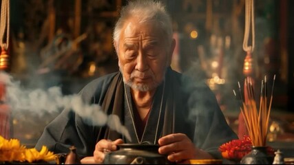 An elderly man in traditional clothing performs a ritual with incense, creating an atmospheric backdrop for meditation or spiritual practices.
