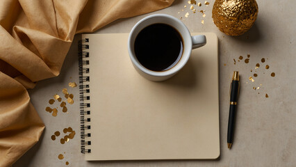 Minimalist Workspace Flat Lay with Coffee Cup, Notebook, and Pen on Neutral Background
