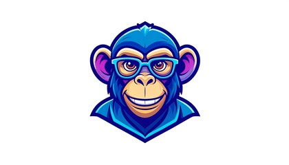 Cartoon chimp head, spectacles, vibrant blue/purple hues, friendly smile, on white