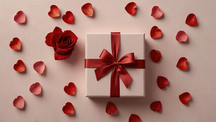 Romantic Gift Box with Red Ribbon, Rose and Heart-Shaped Petals on Soft Pink Background