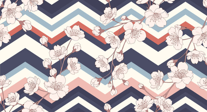Elegant seamless pattern of cherry blossoms on a modern geometric chevron background in navy blue and pink for textiles.