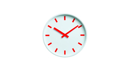 White wall clock with minimalist design, red hour and minute hands, and red hour markers, isolated on transparent background, modern and simple style, time concept