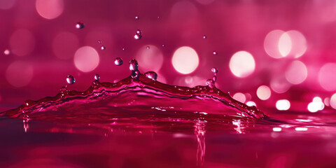 red liquid splash with falling droplets creating crowns on rippled surface against bokeh lights background