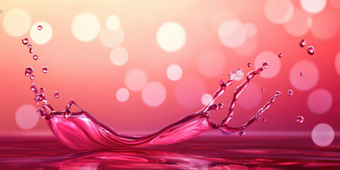 red liquid splash with falling droplets creating crowns on rippled surface against bokeh lights background