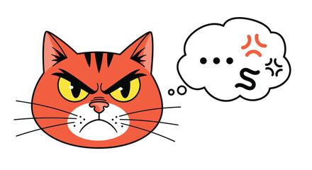 Obraz premium Vector illustration of an angry orange cartoon cat's face with a thought bubble showing frustration and rage symbols.