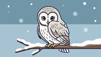 Gray and white owl perched on a snow-covered branch in a winter landscape