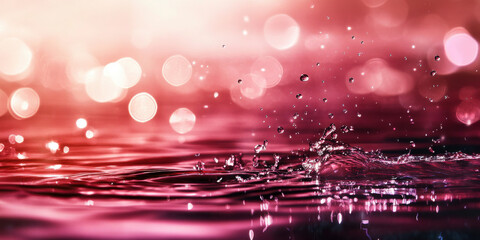red liquid splash with falling droplets creating crowns on rippled surface against bokeh lights background