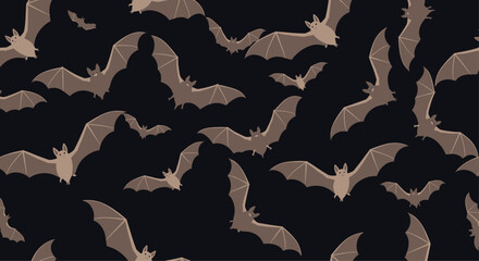 Fototapeta premium Spooky seamless pattern of flying brown bats on a black background perfect for Halloween decorations and textiles.