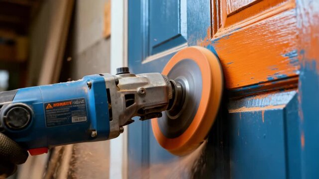 Side view of sanding machine in action on a painted door emphasizing speed and precision in eliminating stubborn old paint