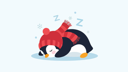 Playful illustration of a cozy penguin resting in a winter setting with a red hat and scarf