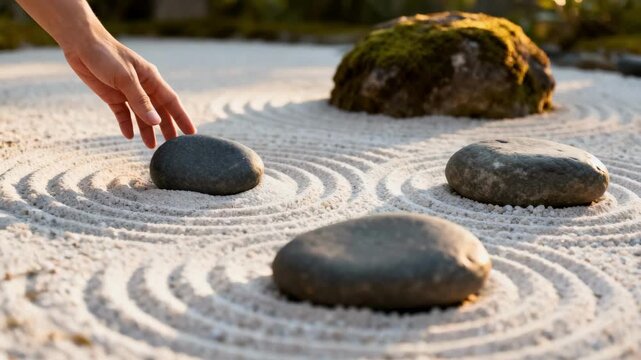 Medium shot capturing the process of arranging smooth landscaping rocks for a zeninspired garden feature showcasing harmony and tranquility.