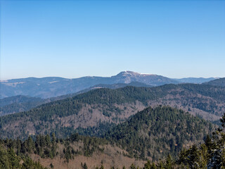 Black Forest with a view from the Blauen mountain near Schliengen in spring, drone photo