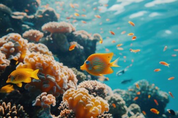 Fototapeta premium Colorful fish swimming over a beautiful coral reef in the ocean, creating a vibrant underwater scene