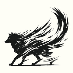 Obraz premium Dynamic mythical wolf silhouette illustration in black ink brush style, powerful fantasy animal concept vector art for logo, tattoo, gaming, and branding design