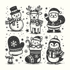 Cute Christmas Characters Wearing Santa Hats Hand Drawn Vector Illustration in Vintage Ink Style for Holiday Cards and Prints