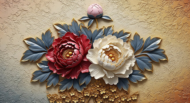3D bas-relief wall art of red and white peonies with gold 3D Wall Mural. floral landscapes. 3d floral art, floral wallpaper, Luxurious textile tile wall art