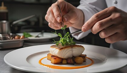Chef Garnishing Pan Seared Fish Fillet with Microgreens on Root Vegetables and Orange Sauce in Fine Dining Restaurant Kitchen