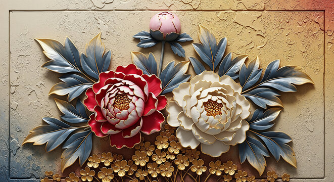 3D bas-relief wall art of red and white peonies with gold 3D Wall Mural. floral landscapes. 3d floral art, floral wallpaper, Luxurious textile tile wall art