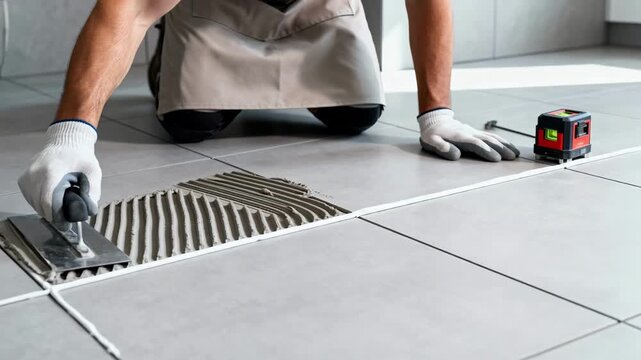 Medium shot of flooring specialist leveling ceramic tiles focusing on detail work and grout line accuracy for sleek contemporary flooring.