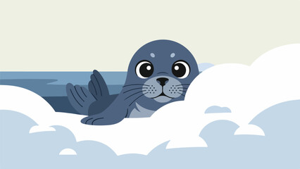 Fototapeta premium Friendly seal standing on ice with clouds in the background