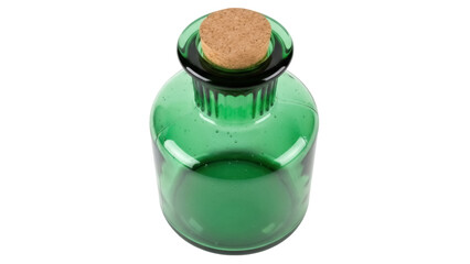 Green glass bottle with cork isolated PNG, vintage apothecary jar on transparent background for potion or essential oil
