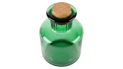 Green glass bottle with cork isolated PNG, vintage apothecary jar on transparent background for potion or essential oil