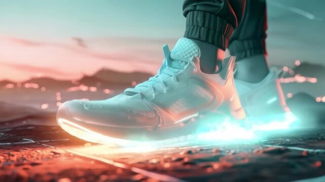 Glowing trainers against the backdrop of city lights emphasise the dynamism of modern life &mdash; an excellent backdrop for promoting sports footwear or urban projects.
