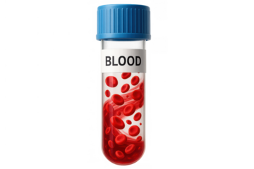 Blood test tube with red blood cells illustration for medical analysis and diagnostic laboratory research, transparent background
