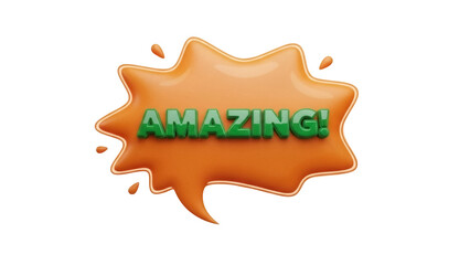 Orange speech bubble with green AMAZING text isolated PNG, cartoon style comic balloon for social media and advertising use on transparent background