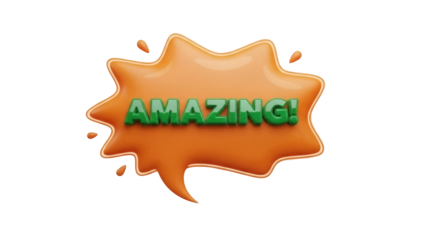 Orange speech bubble with green AMAZING text isolated PNG, cartoon style comic balloon for social media and advertising use on transparent background
