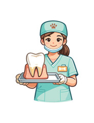 single full color dog dentist icon flat vector illustration smiling vet assistant pastel uniform holding tray with dog tooth model