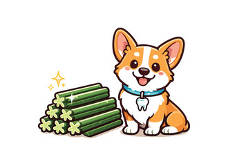 single full color dog dentist icon flat vector illustration smiling corgi sitting beside stack of green dental chew sticks with shine