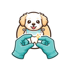 single full color dog dentist icon flat vector illustration vet glove pair teal holding small white dog tooth with sparkle