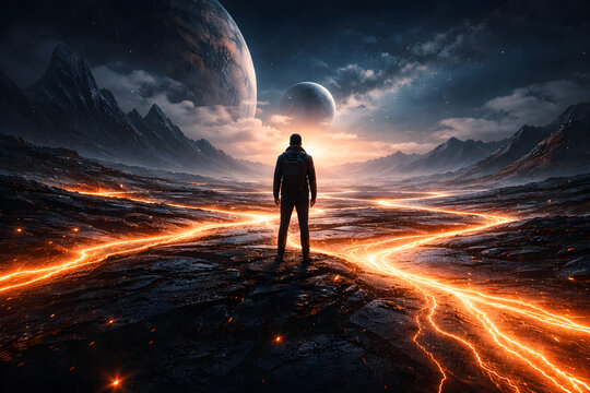 A lone figure stands on a dark, rugged alien landscape illuminated by glowing orange energy rivers under a dramatic sky with two large moons or planets