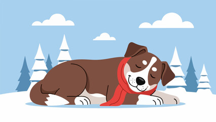 Brown and white dog with red scarf resting in snowy winter landscape