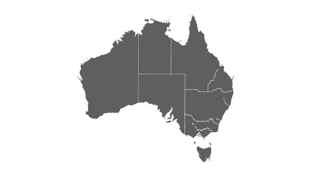 A simple, grayscale map of Australia, clearly delineating its states and territories against a stark white background.