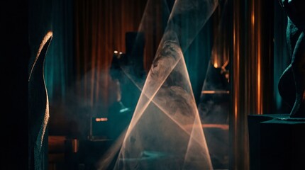 Abstract light streaks and ethereal smoke create a dreamy, futuristic atmosphere.