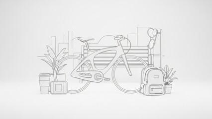 Modern urban commuting essentials featuring a bicycle, backpack, and coffee for a sustainable city