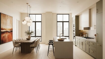 Bright Modern Kitchen and Dining Area with Warm Natural Light.