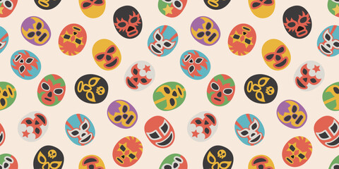 Seamless pattern of randomly scattered Lucha Libre masked men. Vector illustration for background material