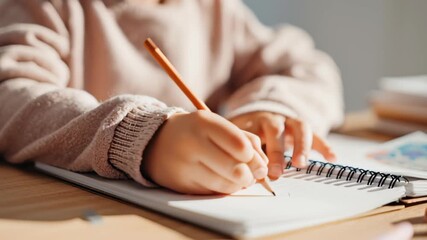 Child writing in notebook with pencil: focus on learning and education at study desk