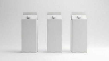 Three white rectangular milk cartons with caps on a plain background packaging container