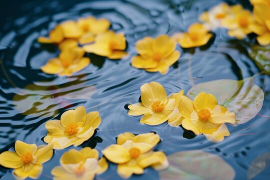 Fototapeta Yellow flowers gently floating on a dark blue water surface create a serene and beautiful scene