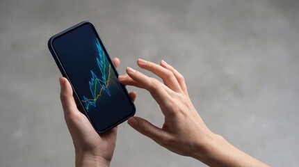 Money dysmorphia - A person's hands gently hold a navy blue smartphone displaying a colorful financial graph on the screen, emphasizing technology and finance.