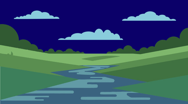 Flat nature landscape with river and deep blue sky.