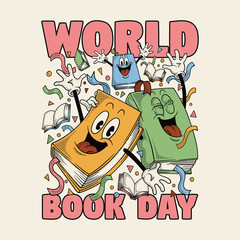 World Book Day Retro Cartoon Illustration with Happy Book Characters
