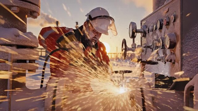 An industrious worker in an orange jacket operates machinery during a cold sunset, surrounded by snow. The worker adjusts the equipment, ensuring efficiency in the chilly environment.